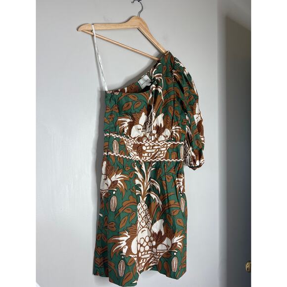 NWT Cara Cara Danielle One Shoulder Lined Mini Dress Green Fruit Basket Size: 2 - Picture 3 of 8